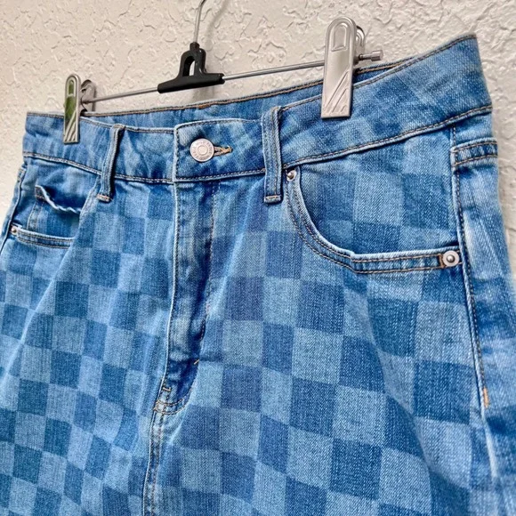 Wild Fable Womens Denim Skirt Blue Checkerboard Print Mini Size 12 Y2K  Coquette - Picture 2 of 4